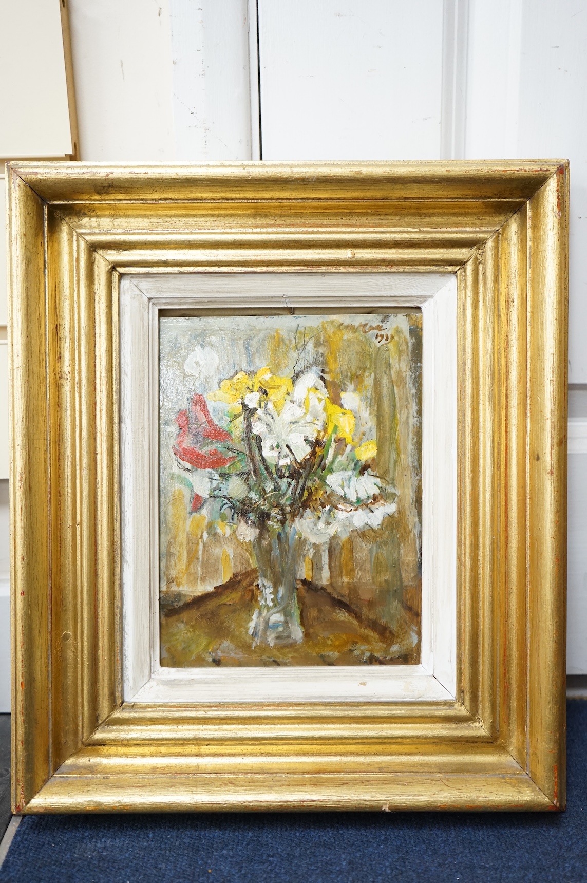 Charles McCall (Scottish, 1907-1989), 'The little vase of freesias', signed and indistinctly dated 1990, details and Christies, St. James, London, September 1995 label verso, 21 x 15cm, gilt frame
